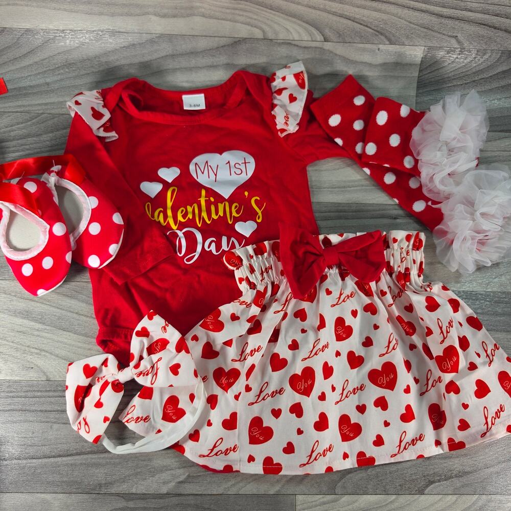 My 1st Valentine's Day Outfit Set Red White Hearts Shoes Bow 3-6M 5 Pc